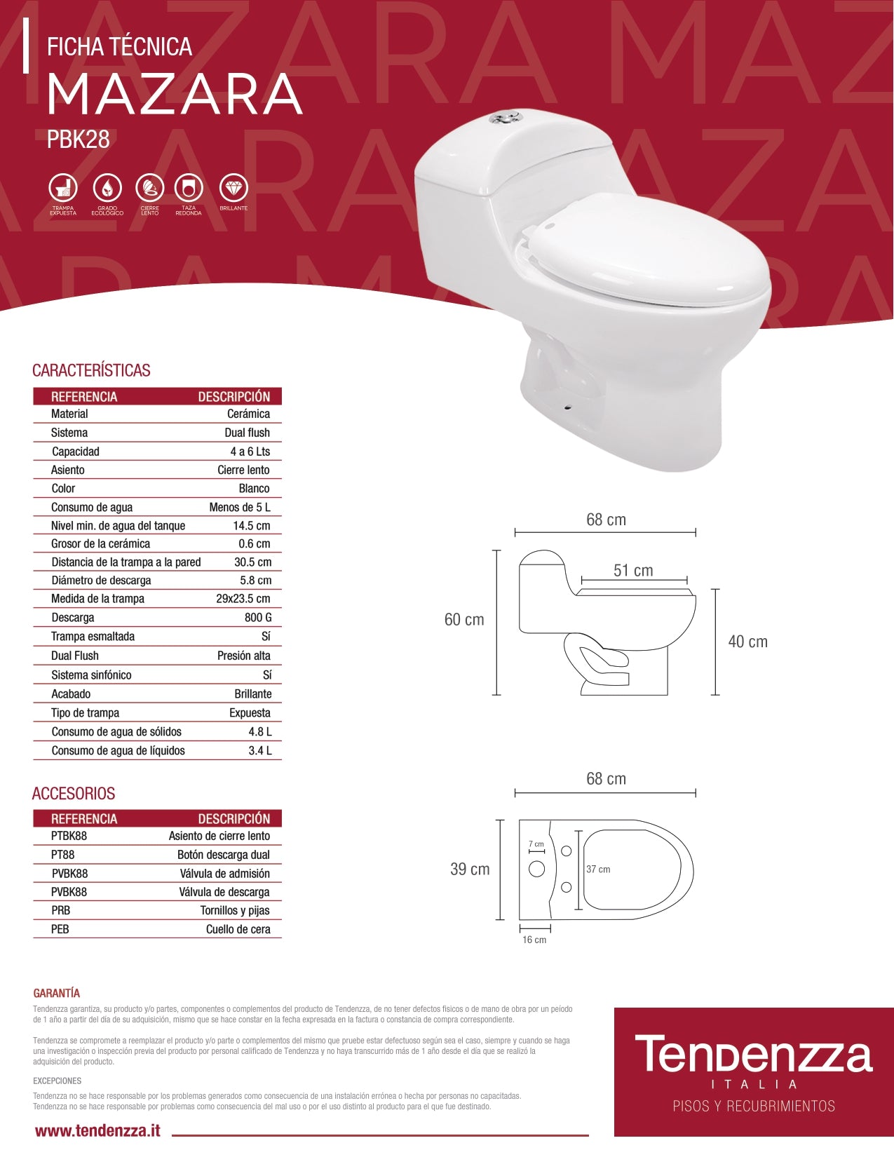 WC Mazara Dual Flush Blanco Tendenzza PBK28.