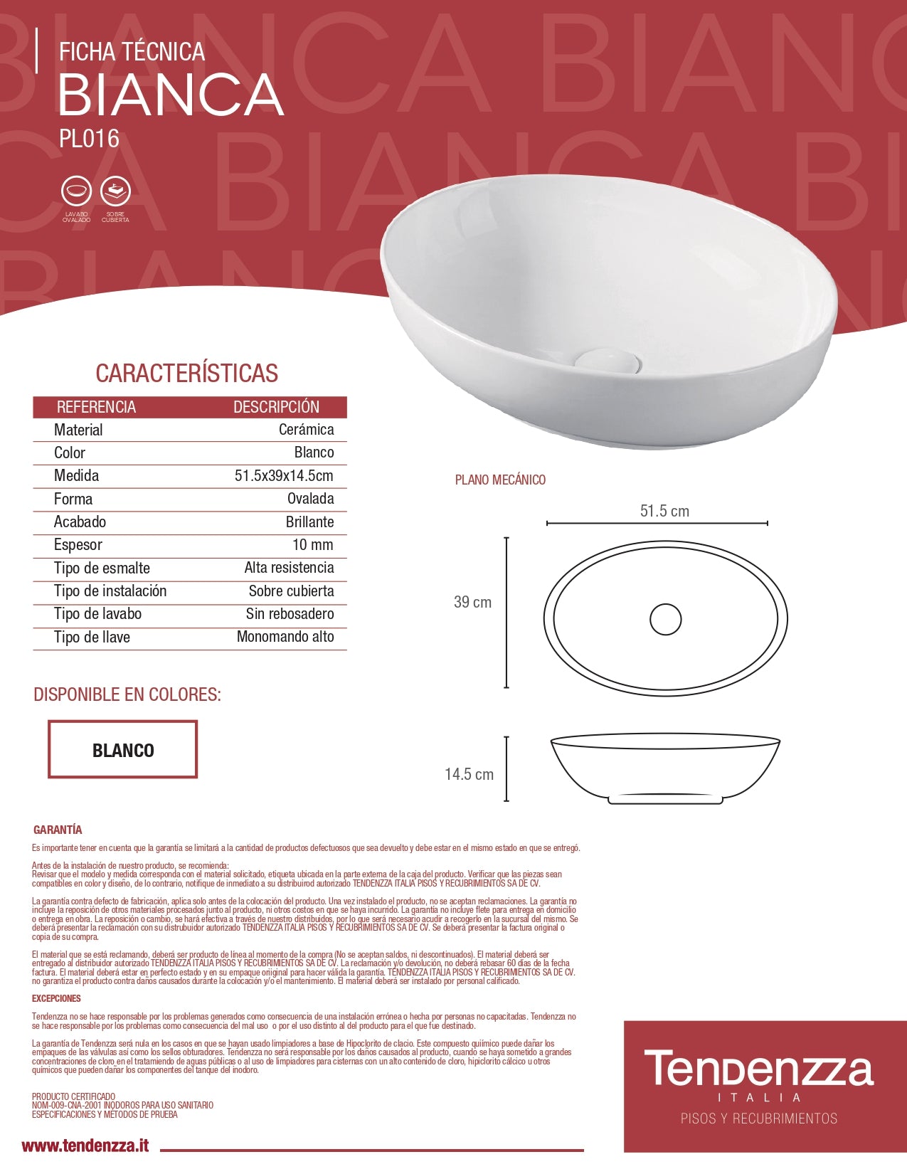 Lavabo Bianca Tendenzza Ovalin Blanco